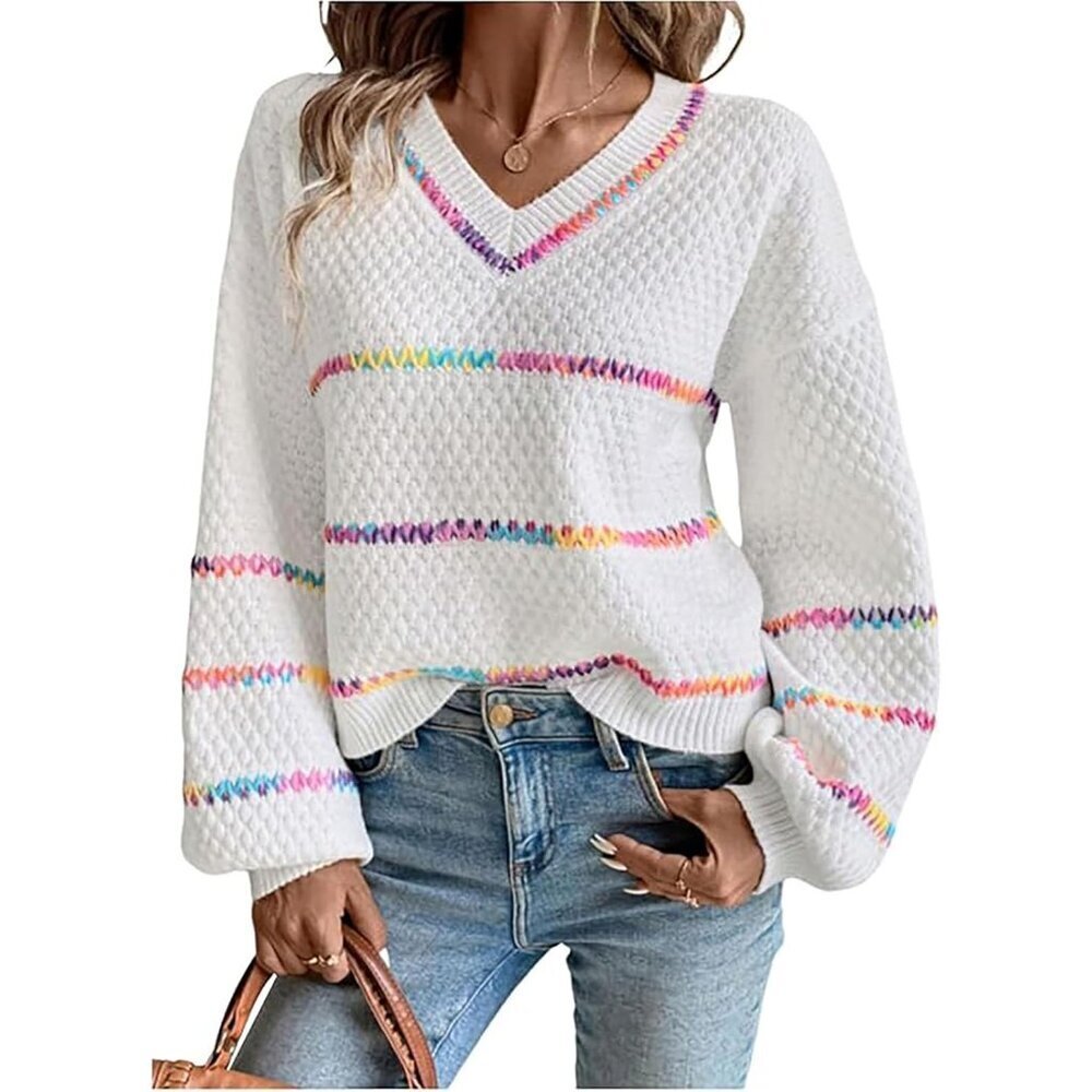 Womens Oversized V Neck Stripe Sweater Fall Knit Top Long Sleeve Chunky
